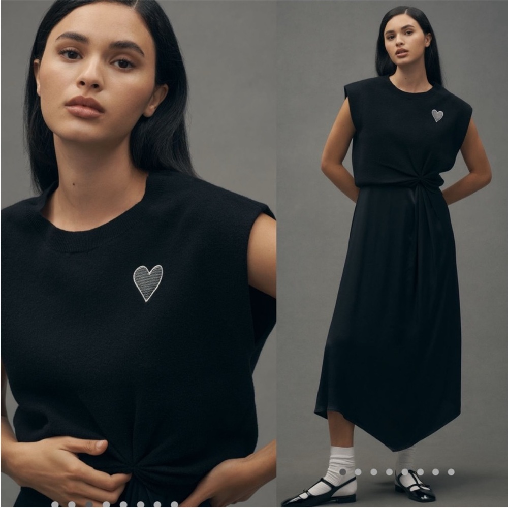 Anthropologie Gemini Twofer Black Cap-Sleeve Swearer and Dress with Heart Detail